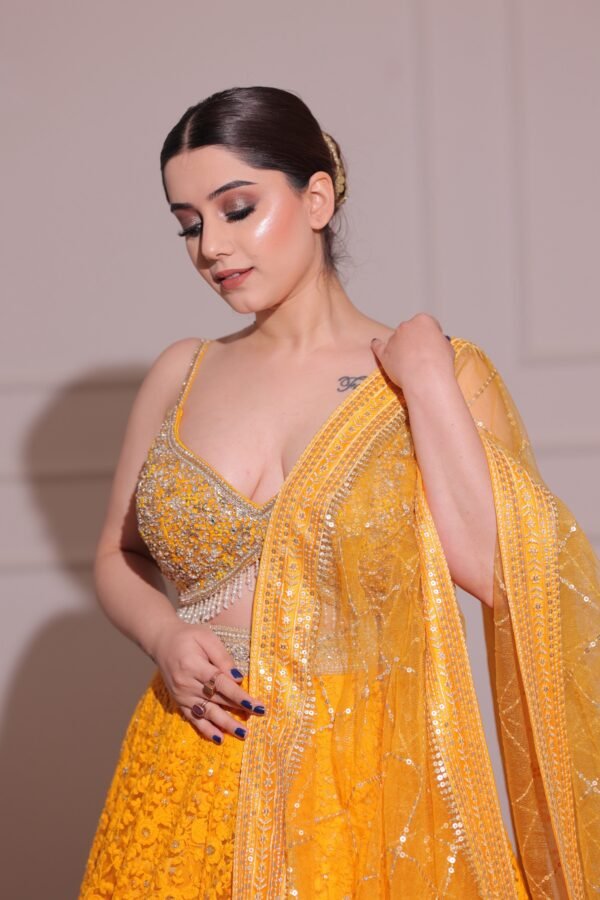 YELLOW THREAD WORK LEHENGA WITH ZARDOZI BLOUSE - Image 6
