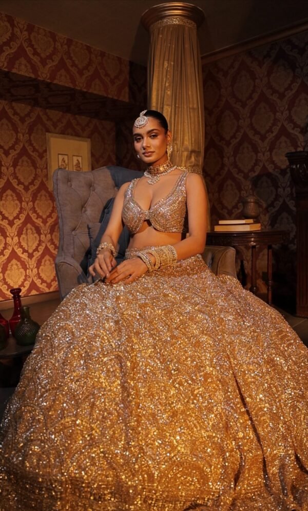 GOLDEN SEQUENCE AND ZARDOZI LEHENGA - Image 9
