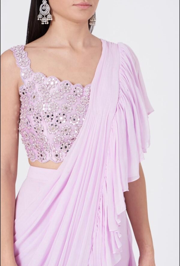 PRE DRAPE SAREE WITH PEARL AND MIRROR WORK - Image 2