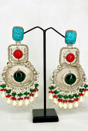 SILVER MULTI COLOURED STONE CHANDBALI