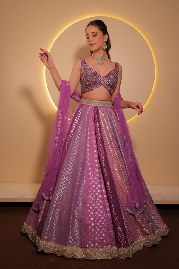 Royal Purple Brocade Embroidered Lehenga - Image 2