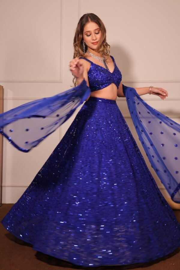 Electric Blue Sequined Embroidered Lehenga - Image 2